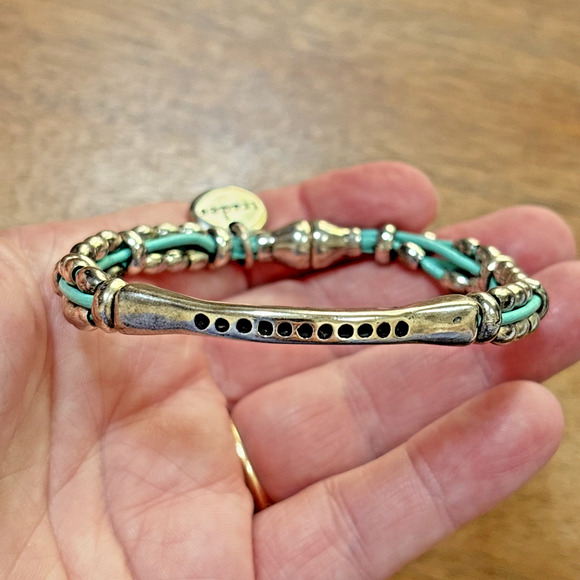 Trades by Haim Shahar Teal Leather and Silver Tone Beads Magne Hinge Bracelet - Picture 4 of 6